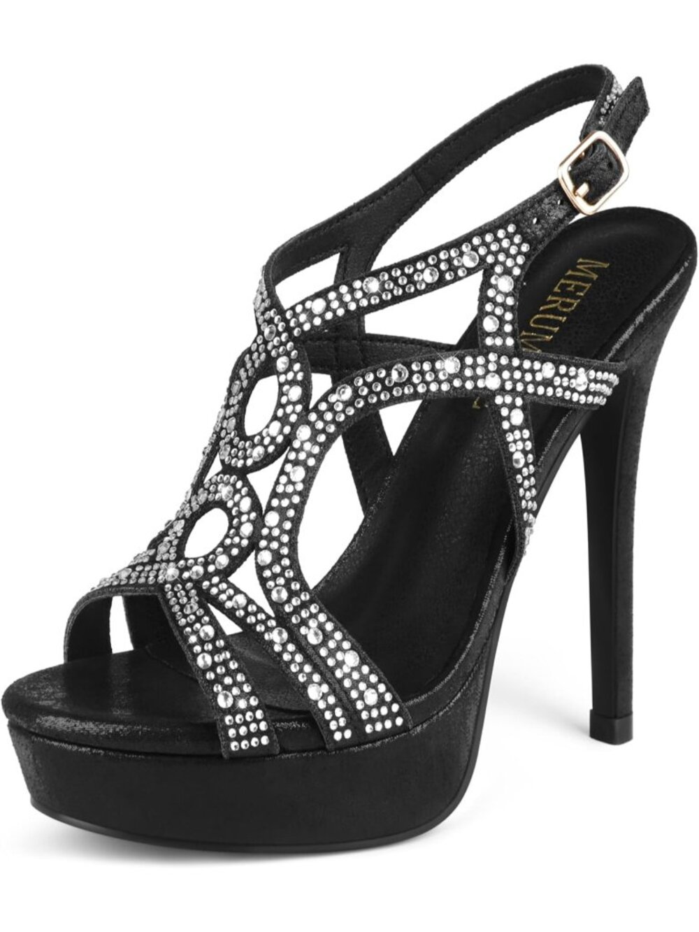 Women's Black Flash Peep Toe Platform Stilettos Sparkly Rhinestone Lace Heels